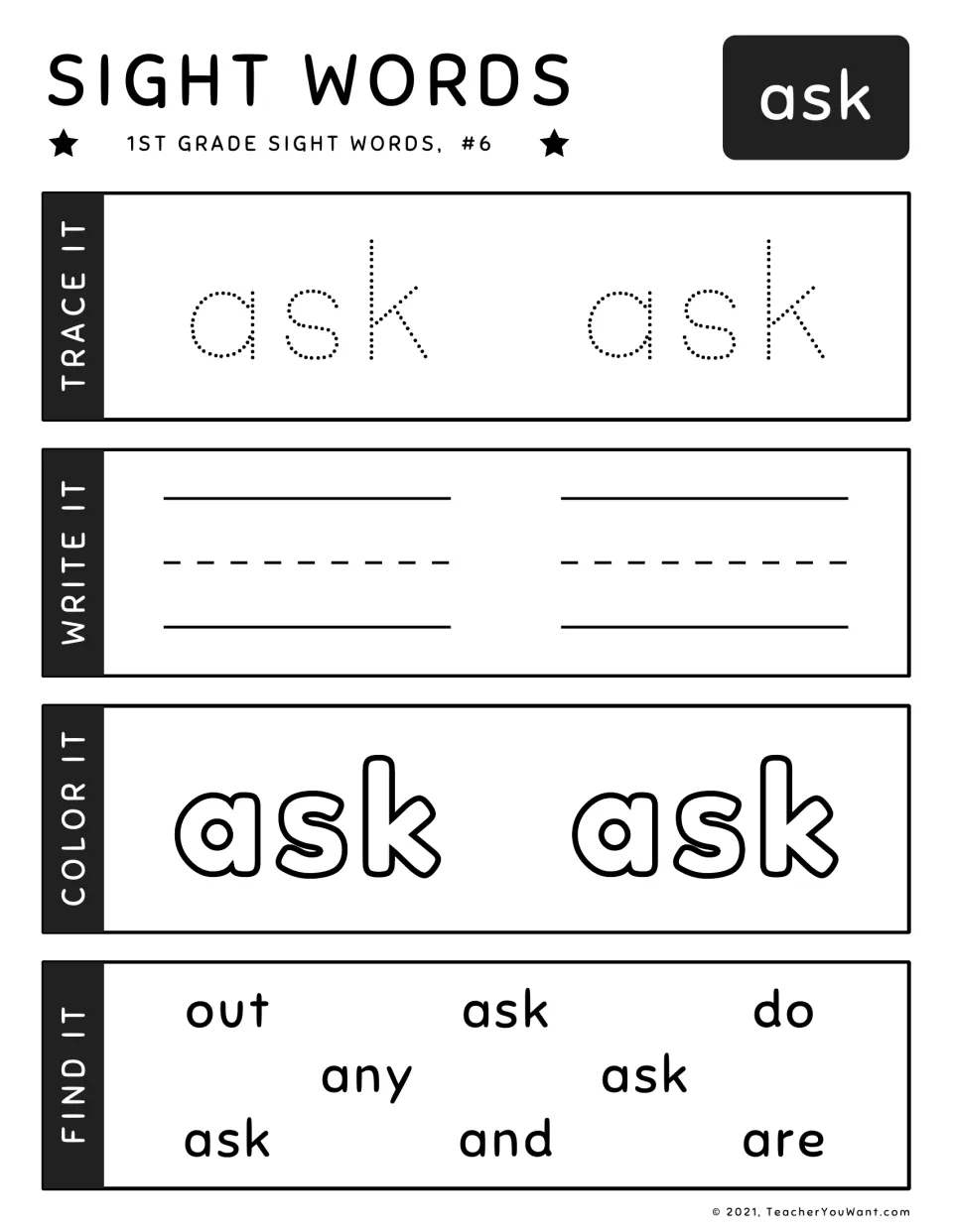 Sight word ask, #6: practice tracing and writing ask, color it, then locate 3 copies of ask among out, do, any, and, are