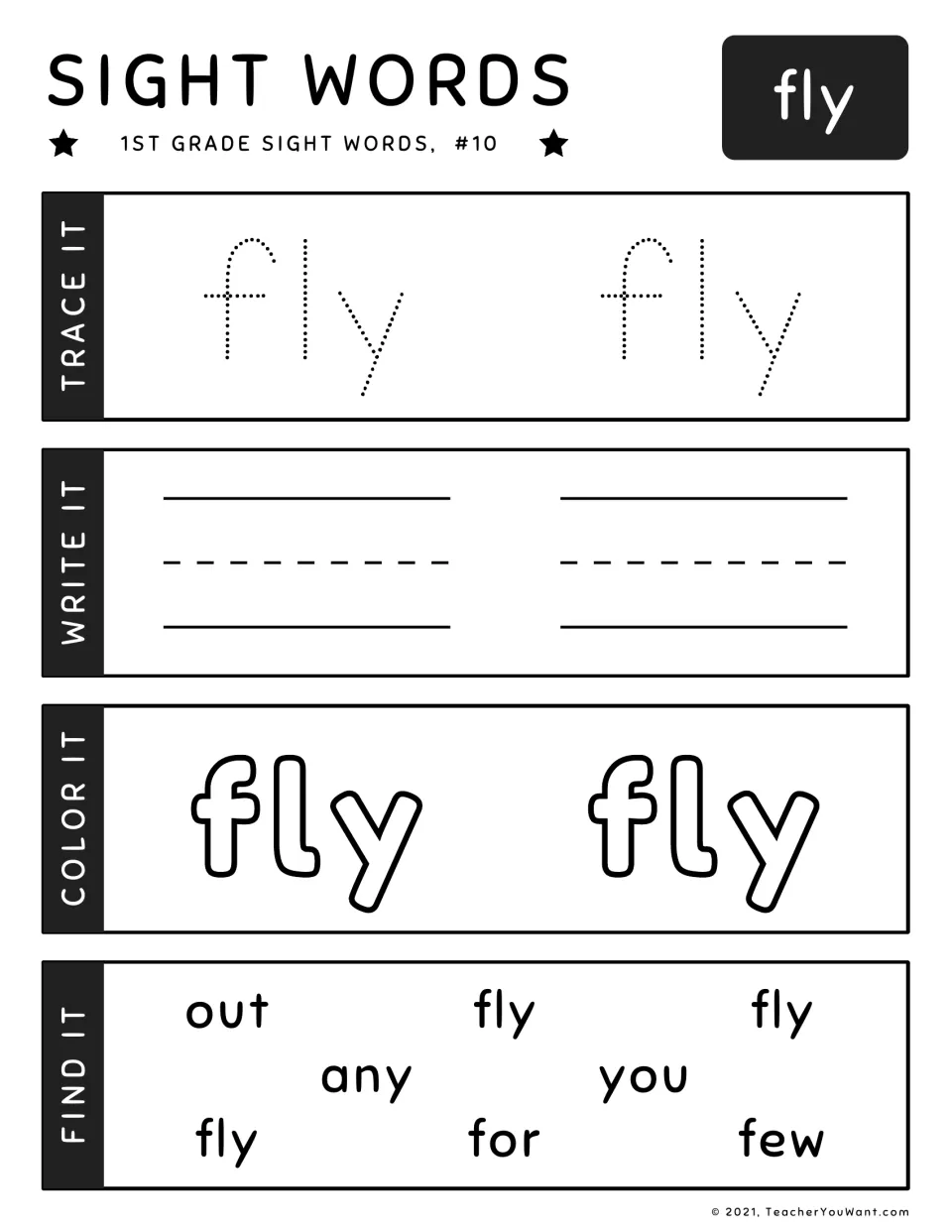 Sight word fly, #10: students trace, write and color fly, then find the 3 copies of fly among out, any, you, for and few