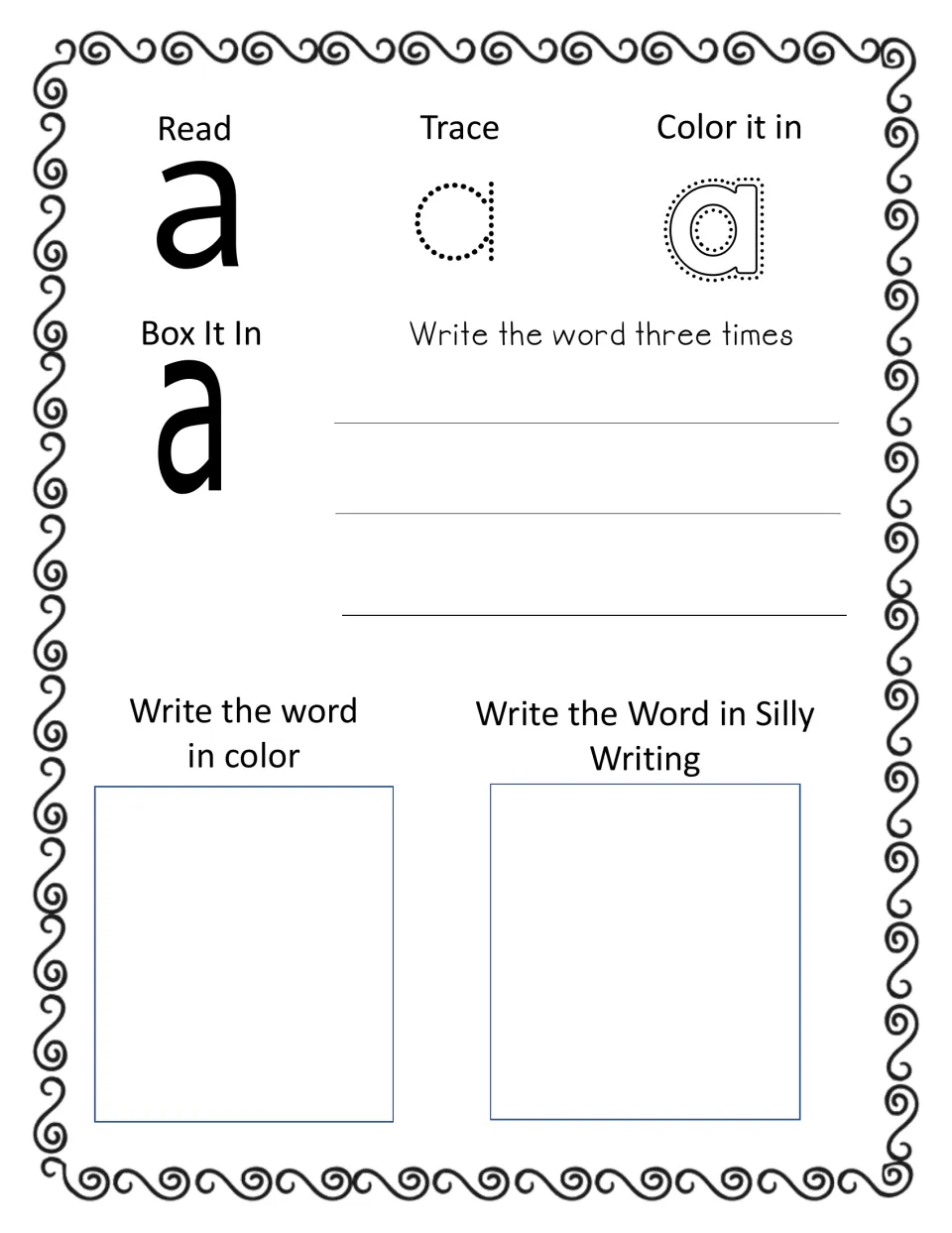 Sight word 'a' practice: students read, trace and color the word, write it three times, in color and in silly writing