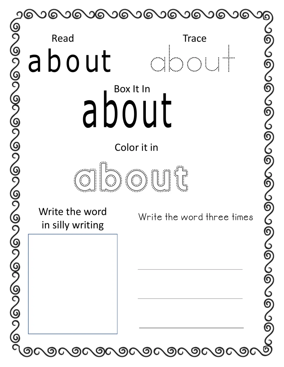 Sight word 'about' practice: students read and trace the word, color bubble letters, then write it in silly writing