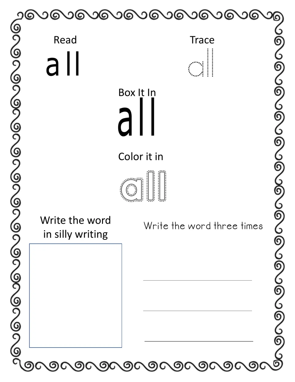 Sight word 'all' practice: students read it, trace dotted letters, color the word, and write it three times