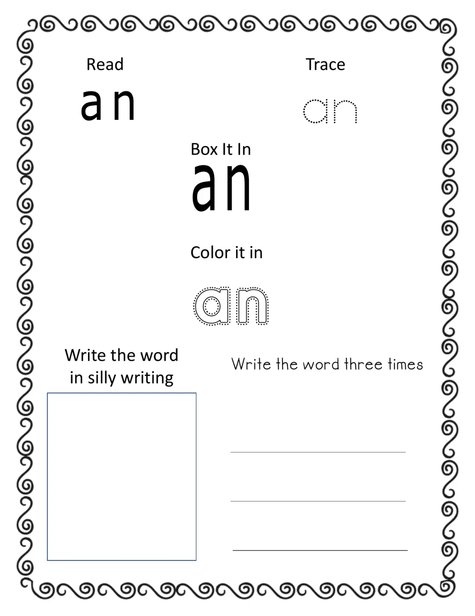 Sight word 'an' practice: students read, trace and color the word, write it three times and once in silly letters