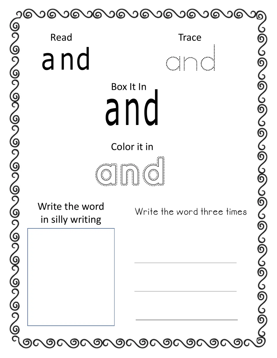 Sight word 'and' practice: students read and trace it, color outlined letters and copy the word three times