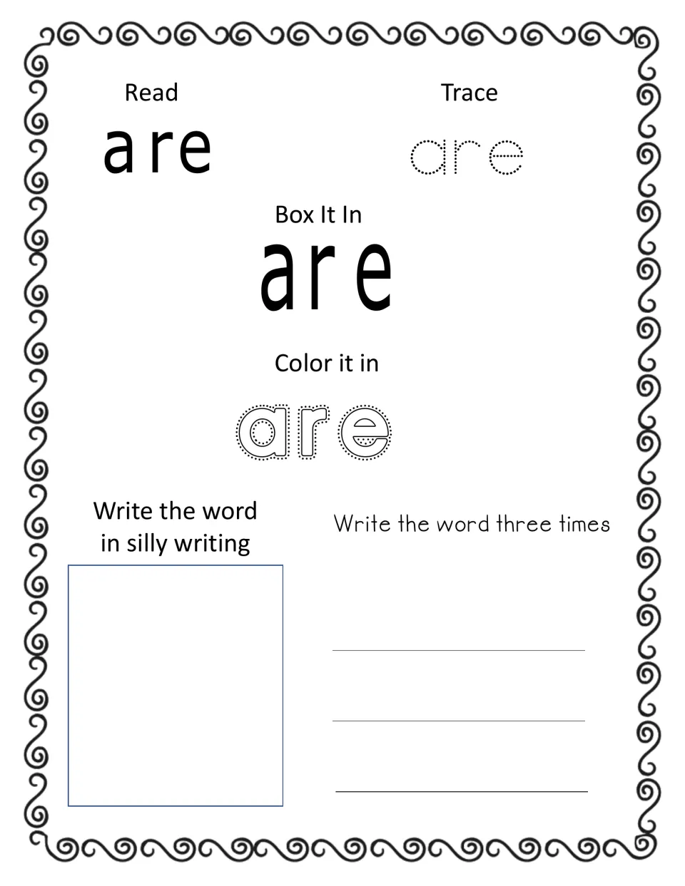 Sight word 'are' practice: students read, trace and color the word, then write it in silly writing and three times