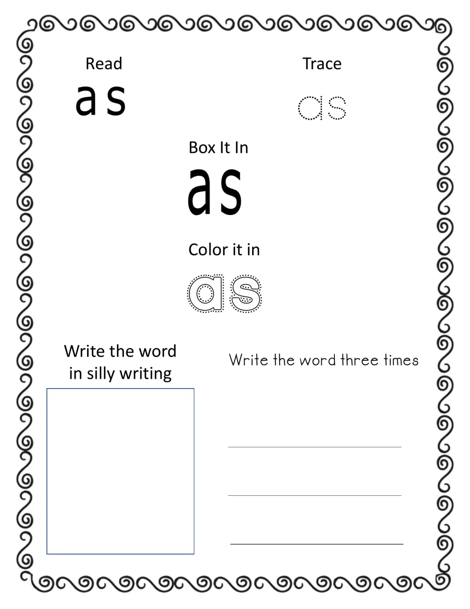 Sight word 'as' practice: students read the word, trace dotted letters, color it in and write it three more times
