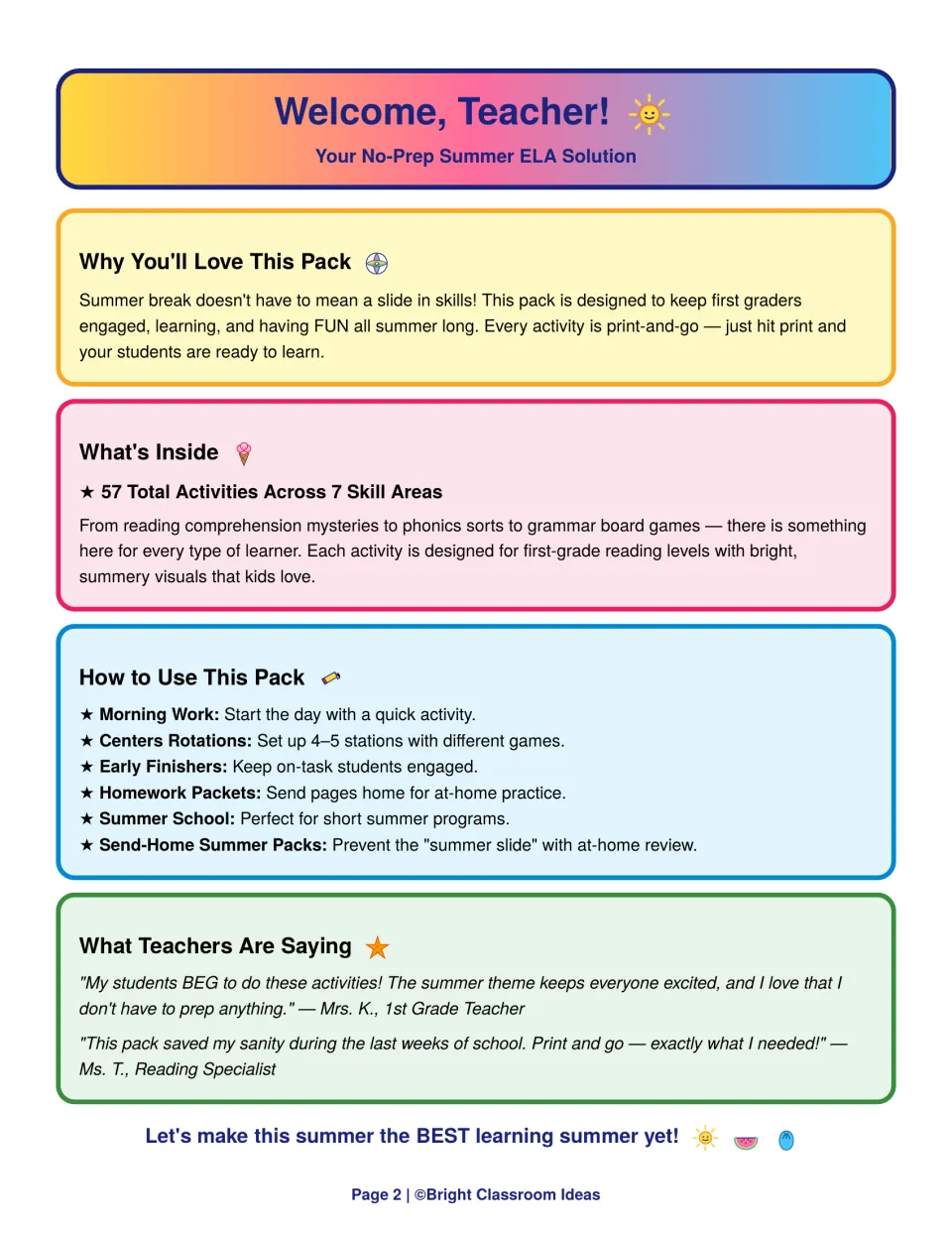 Welcome, Teacher! note: what's inside the pack, how to use it for morning work, centers or homework, and teacher quotes