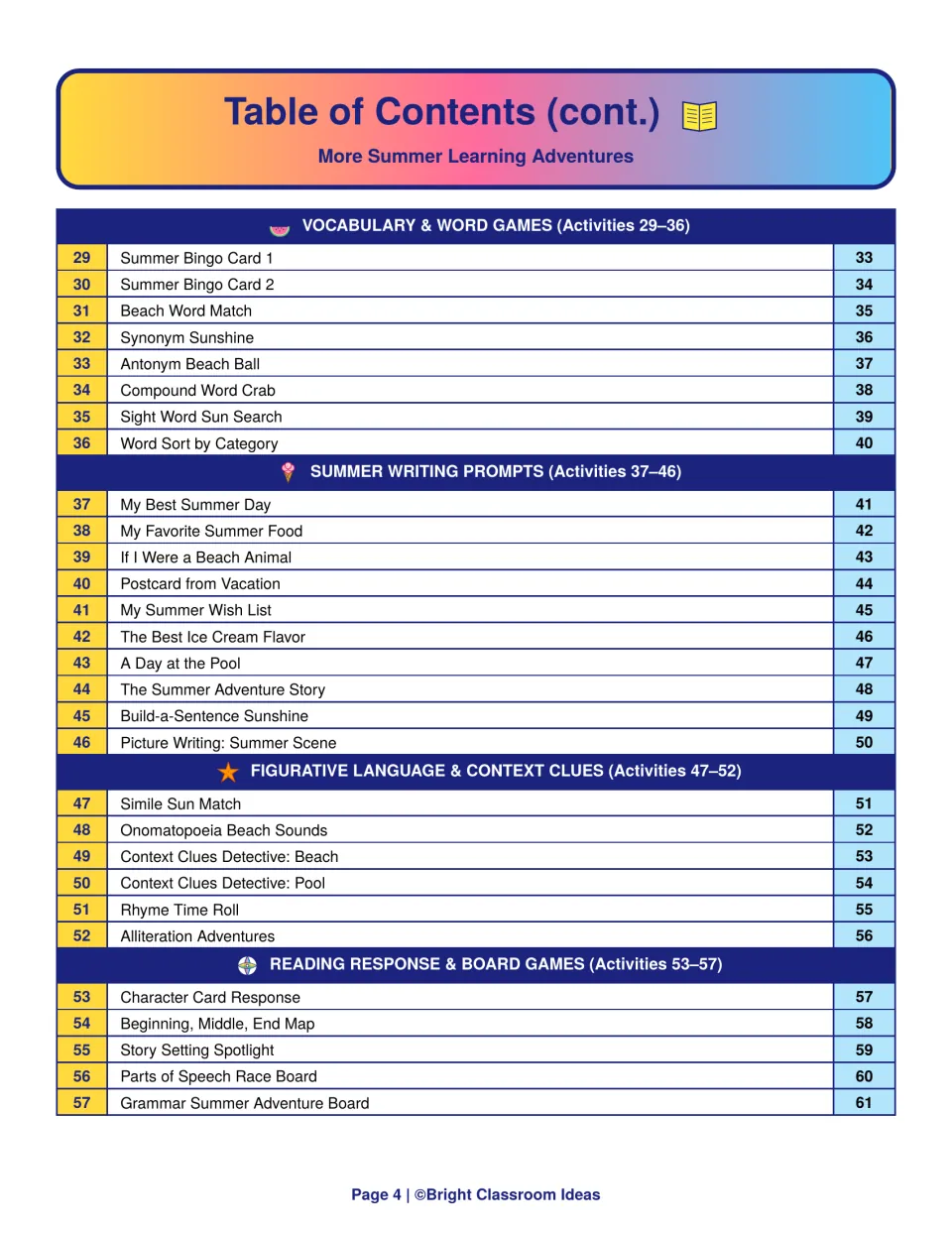 Table of contents for activities 29-57: vocabulary games, writing prompts, figurative language and board games