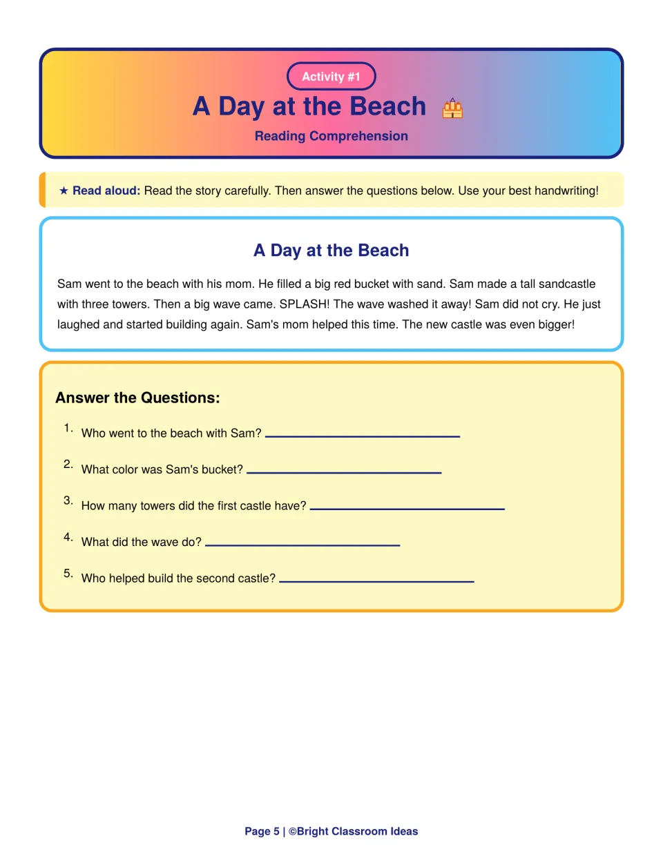 A Day at the Beach reading comprehension: students read about Sam's washed-away sandcastle and answer 5 recall questions