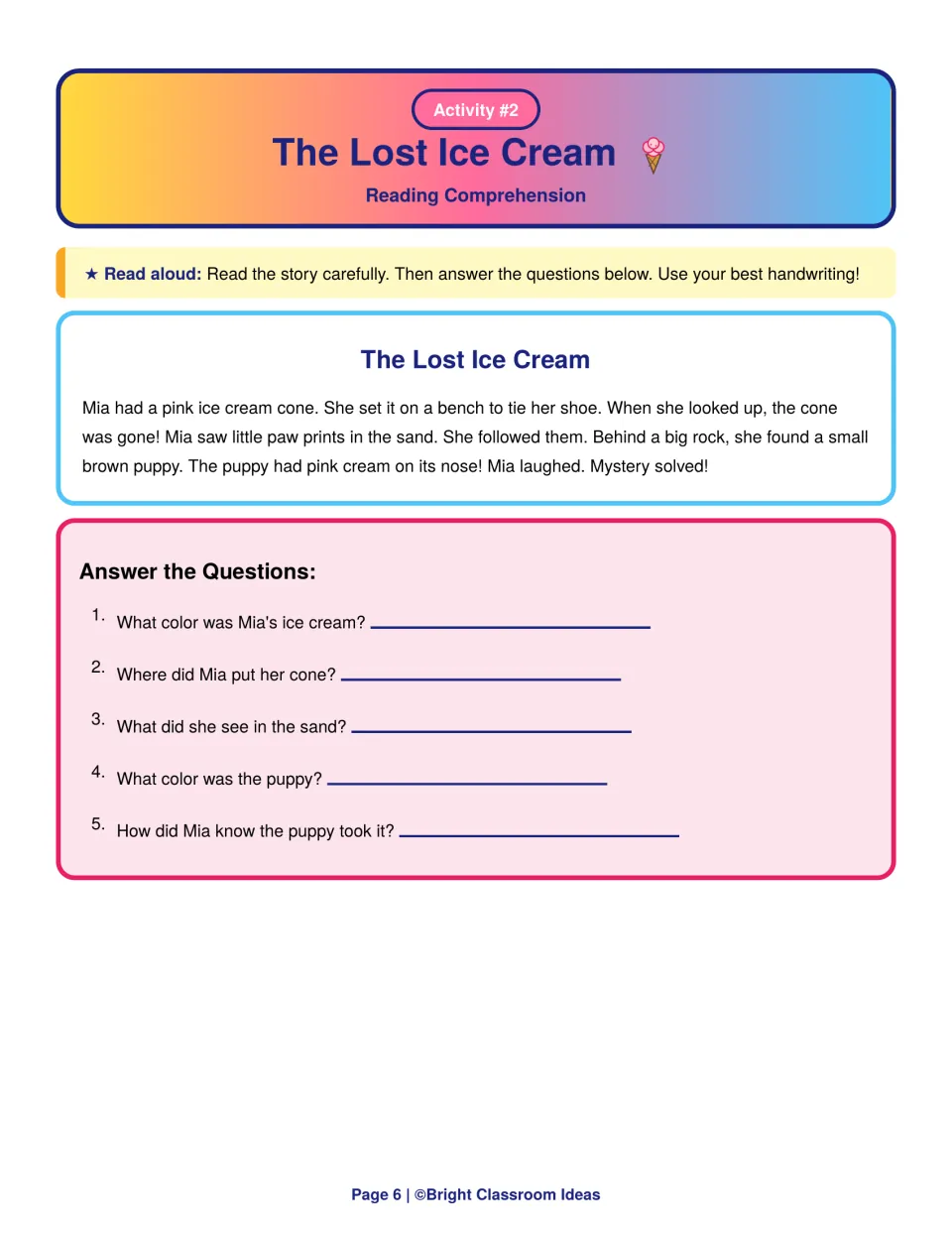 The Lost Ice Cream mystery story: students read how Mia follows paw prints to a puppy, then answer 5 detail questions