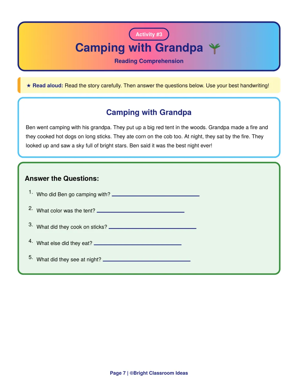 Camping with Grandpa reading comprehension: students read about Ben's camping night and answer 5 questions on details