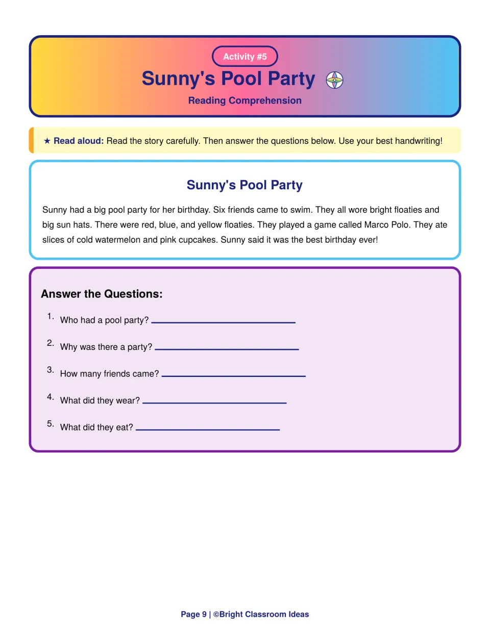 Sunny's Pool Party reading comprehension: students read about a birthday party and answer 5 who, why, how many questions
