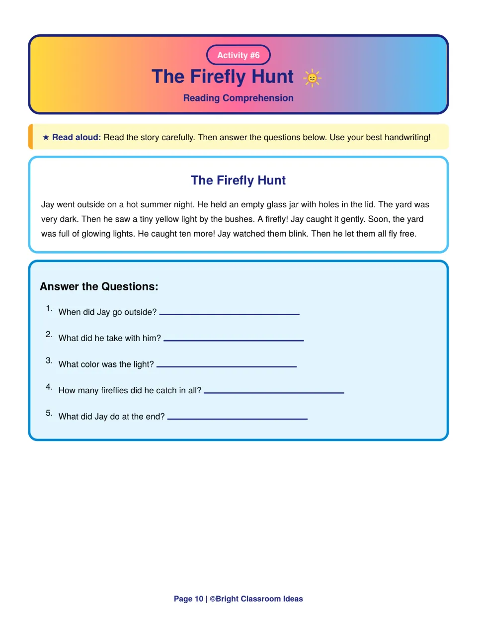 The Firefly Hunt reading comprehension: students read about Jay catching fireflies in a jar and answer 5 story questions