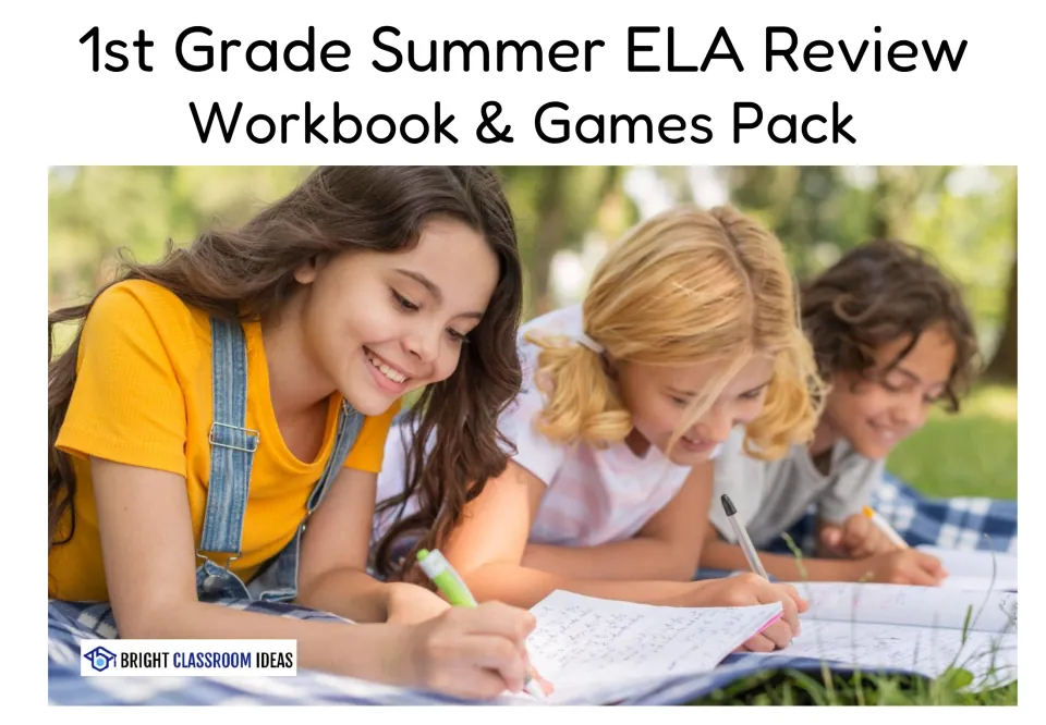 1st Grade Summer ELA Review Workbook & Games Pack cover showing three children writing in notebooks on a picnic blanket