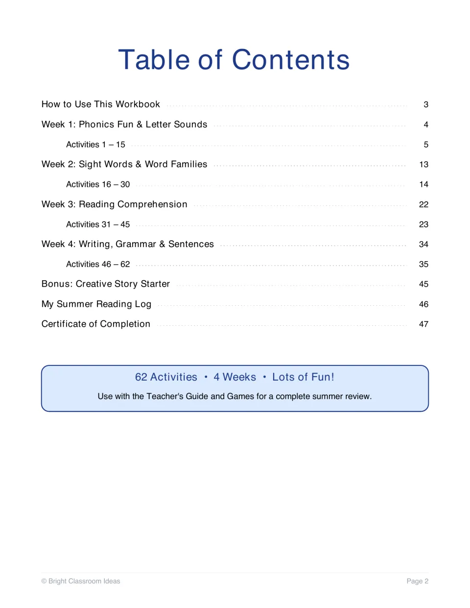 Table of contents: four weekly units of activities 1 to 62, plus a story starter, reading log and completion certificate