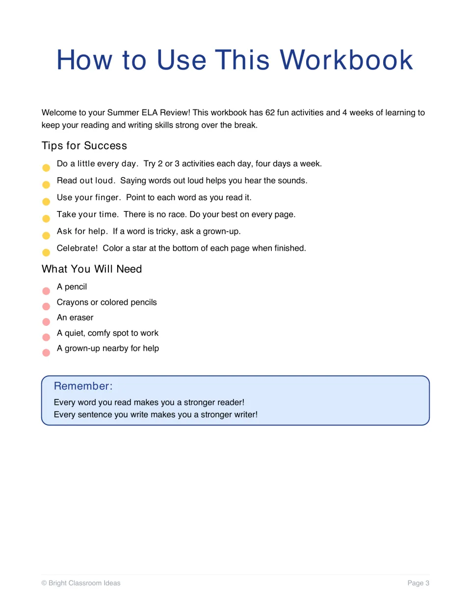 How to use the workbook: daily tips such as reading aloud and pointing to words, plus a supply list of pencil and crayons
