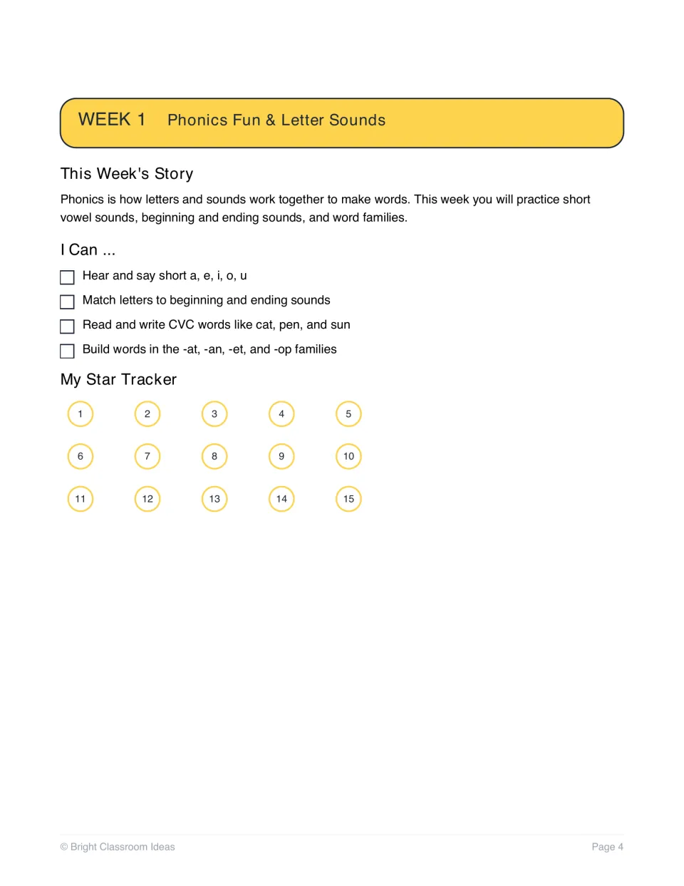 Week 1 phonics intro: an I Can checklist of short vowel and CVC word goals and a 15-star tracker for finished activities