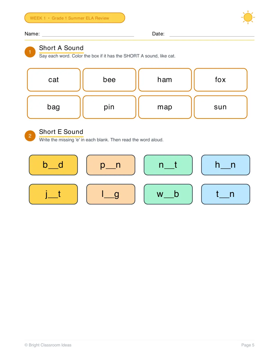 Short a and short e vowels: students color words with short a, like ham and map, then write e to finish bed, pen and web