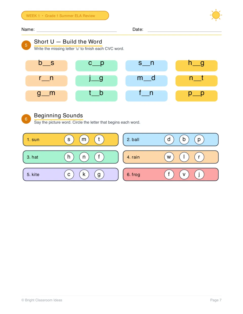 Short u and beginning sounds: students write u to finish CVC words like bus and cup, then circle each word's first letter