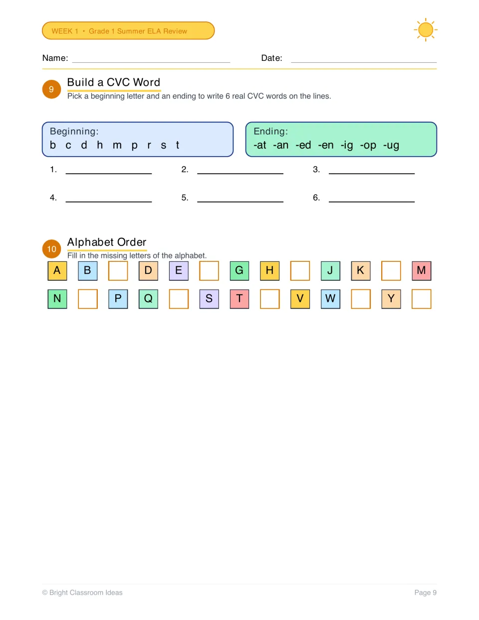 CVC word building and alphabet order: students join a first letter to endings like -at or -ug, then fill in missing letters