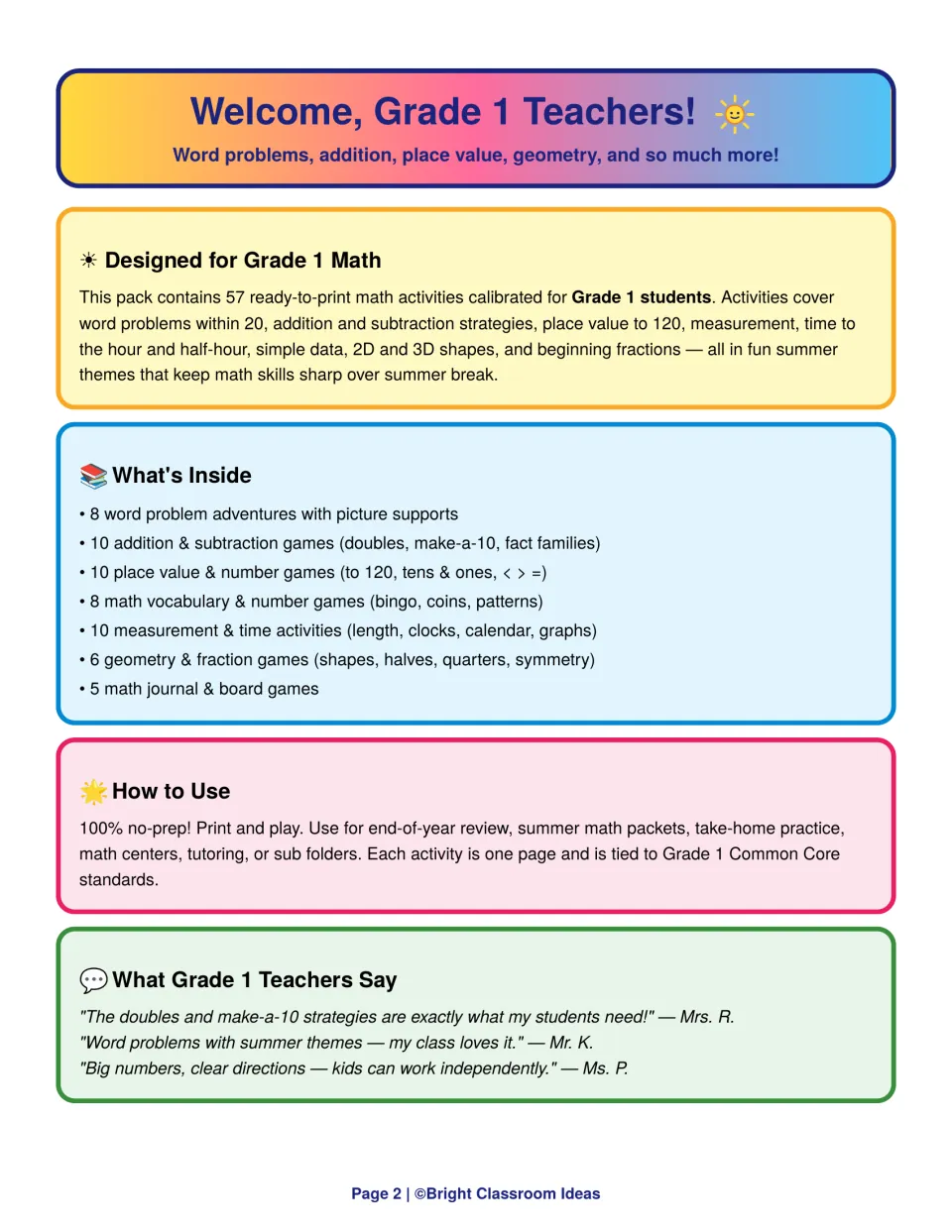 Welcome page for Grade 1 teachers: overview of skills covered, what's inside, how to use the pack and teacher quotes