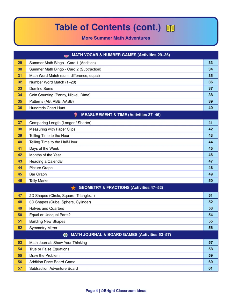Table of contents, activities 29-57: vocab games, measurement and time, geometry and fractions, journal and board games