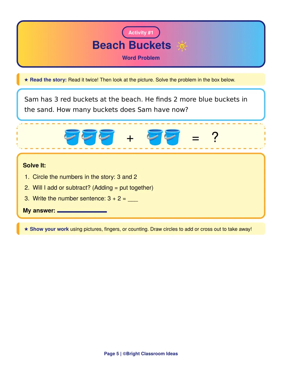 Beach Buckets addition story: Sam has 3 buckets and finds 2 more; students use bucket pictures to write and solve 3 + 2