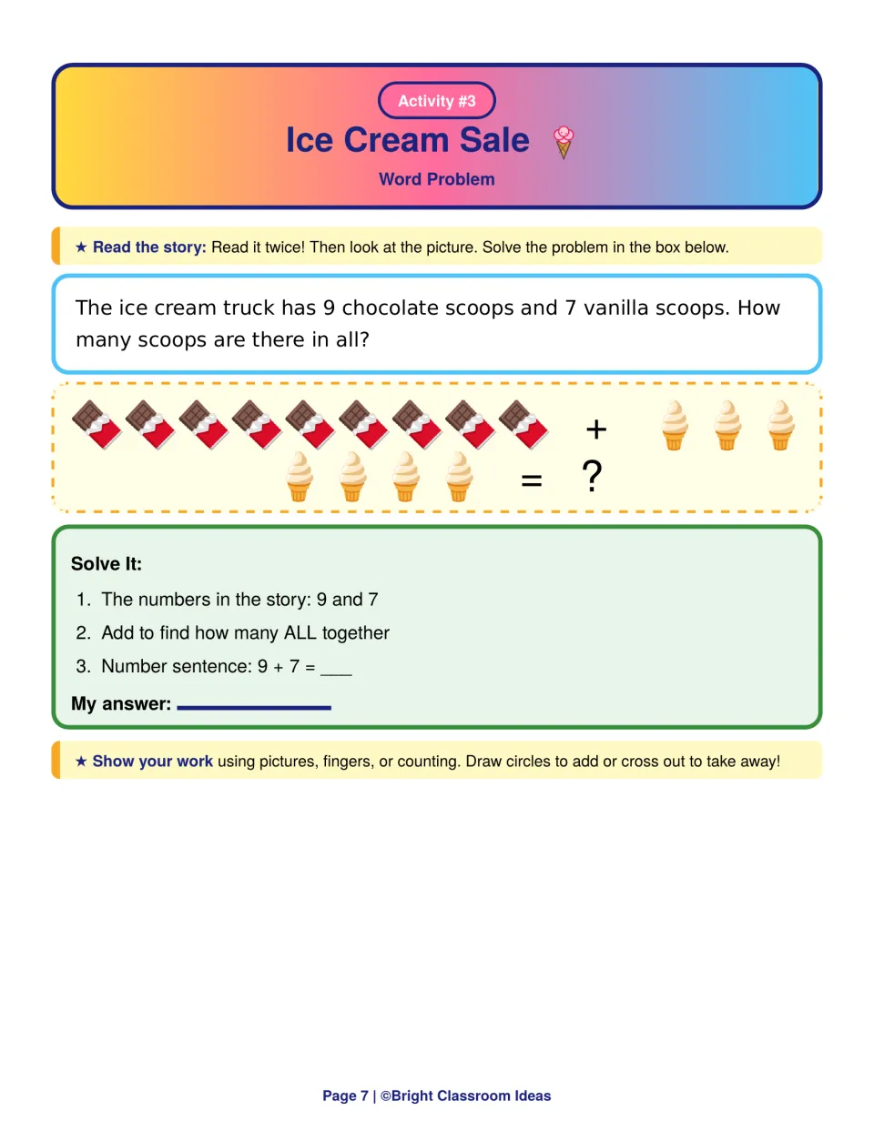 Ice Cream Sale story: 9 chocolate and 7 vanilla scoops; students add with treat pictures and solve 9 + 7 for the total