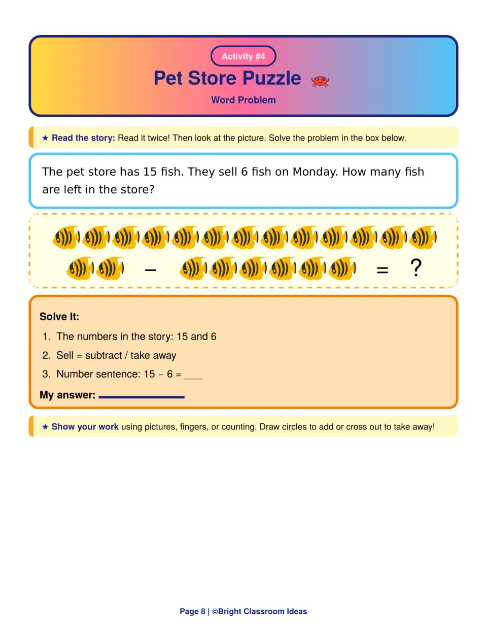 Pet Store Puzzle story: the store has 15 fish and sells 6; students use fish pictures to solve 15 - 6 for how many remain