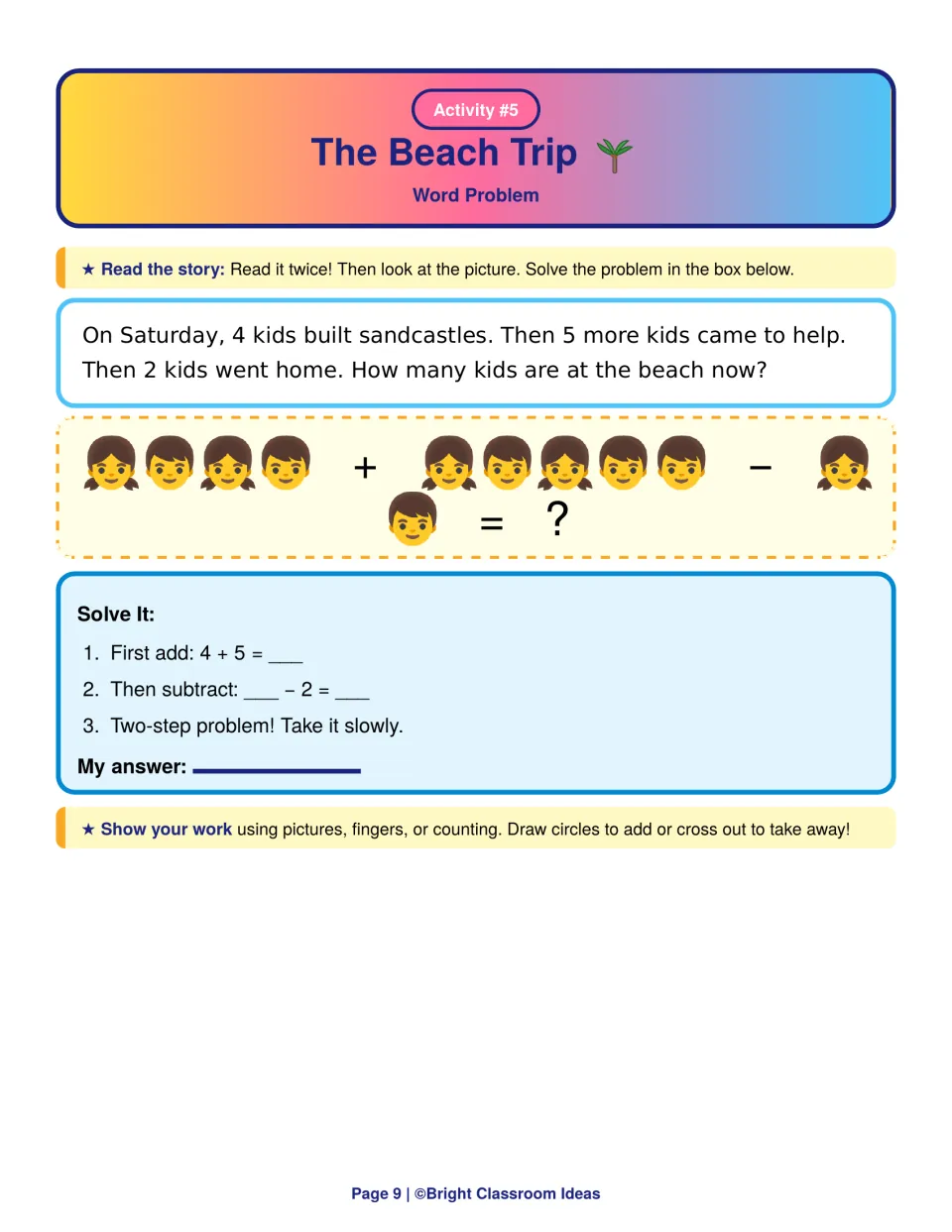 The Beach Trip two-step story: 4 kids, 5 more come, 2 go home; students first add 4 + 5, then subtract 2 from the sum