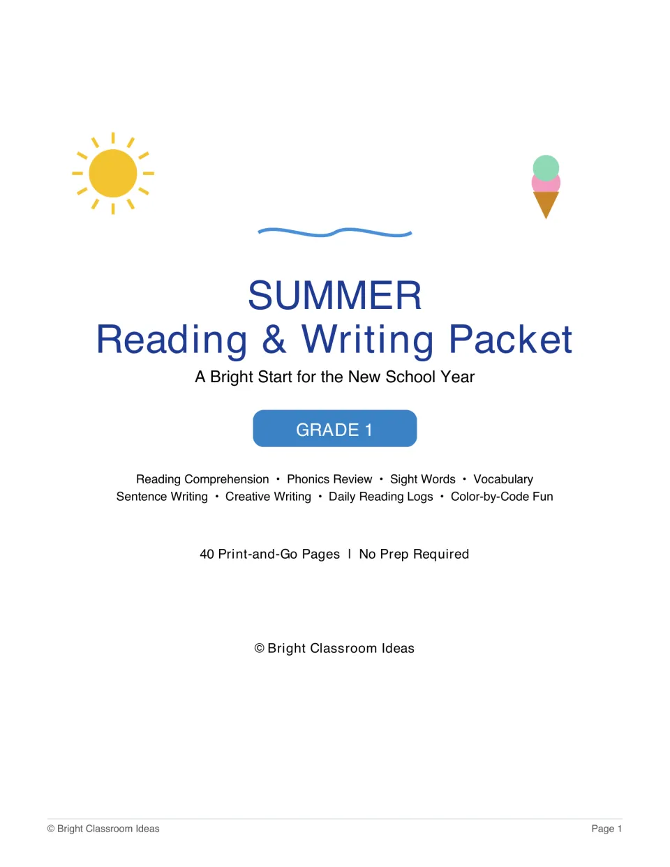 Cover of a Grade 1 Summer Reading & Writing Packet listing phonics, sight words, comprehension, writing and reading logs