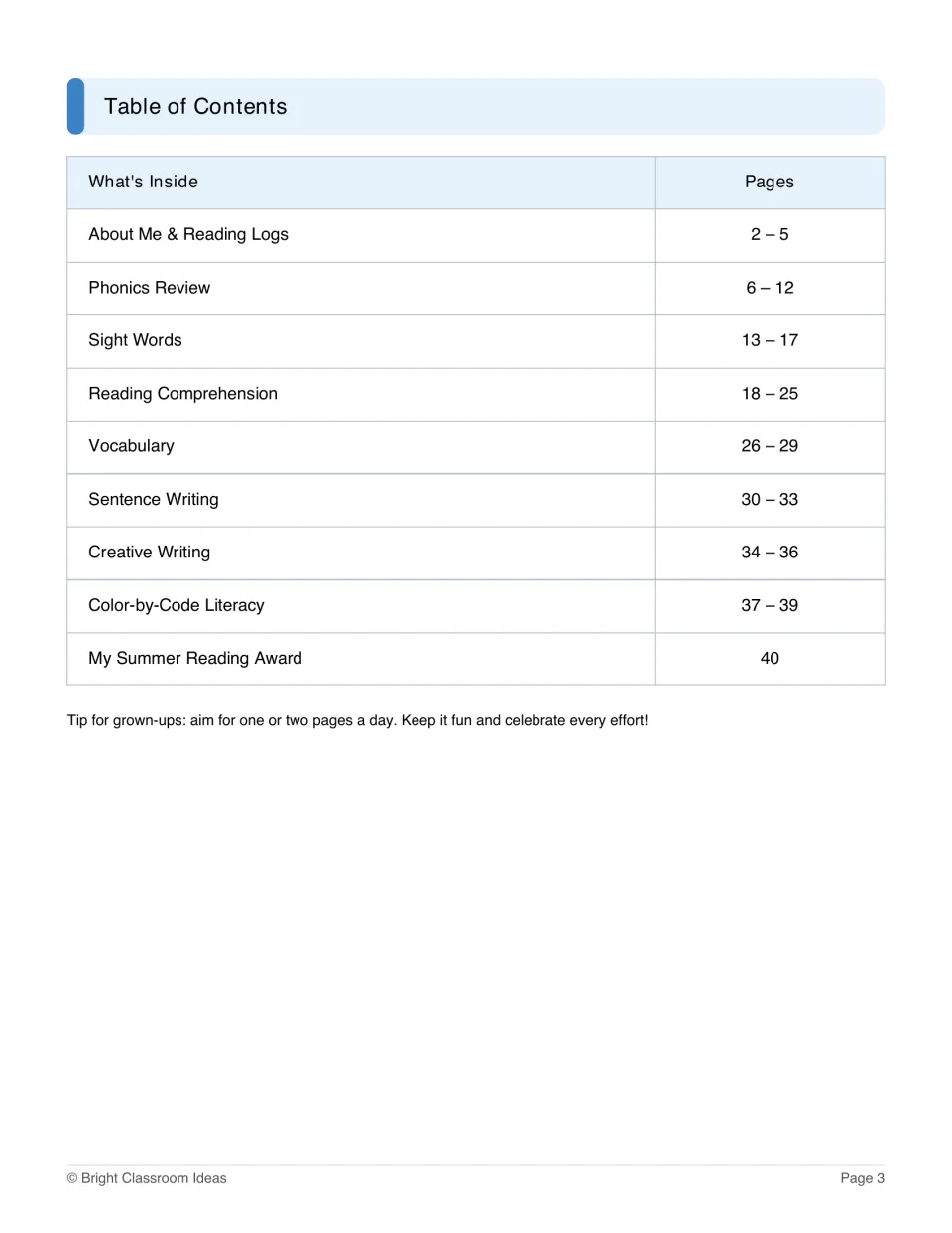 Table of contents listing sections from About Me and phonics review through vocabulary, writing, color-by-code and an award