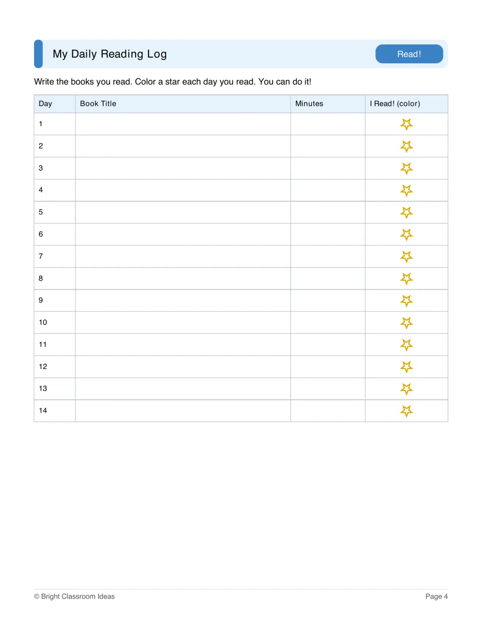 Daily reading log: students record the book title and minutes read for days 1 to 14 and color a star for each reading day