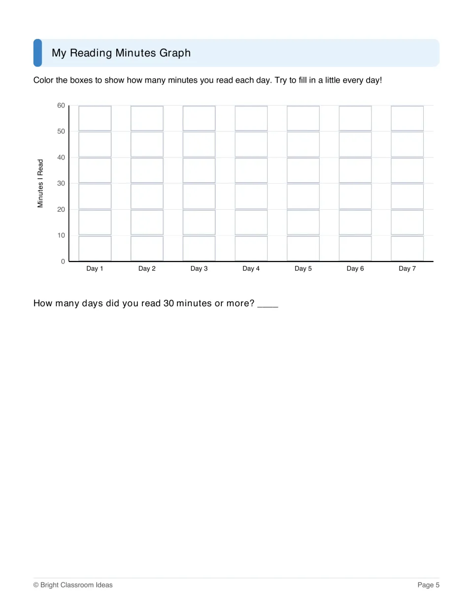 Reading minutes bar graph: students color minutes read on Days 1 to 7, then count days with 30 minutes or more