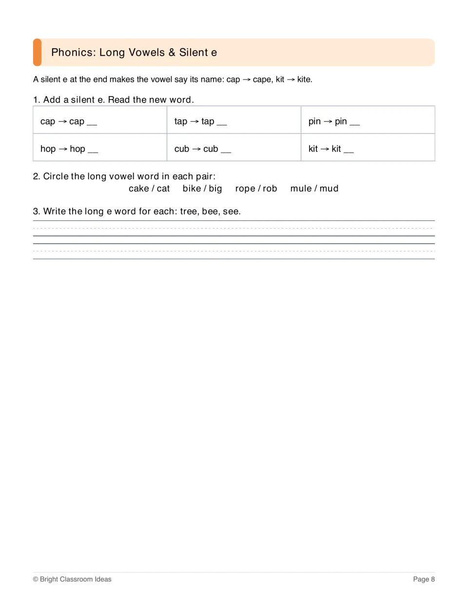Long vowels and silent e: students add e to cap, tap, pin and more, circle long vowel words in pairs and write long e words