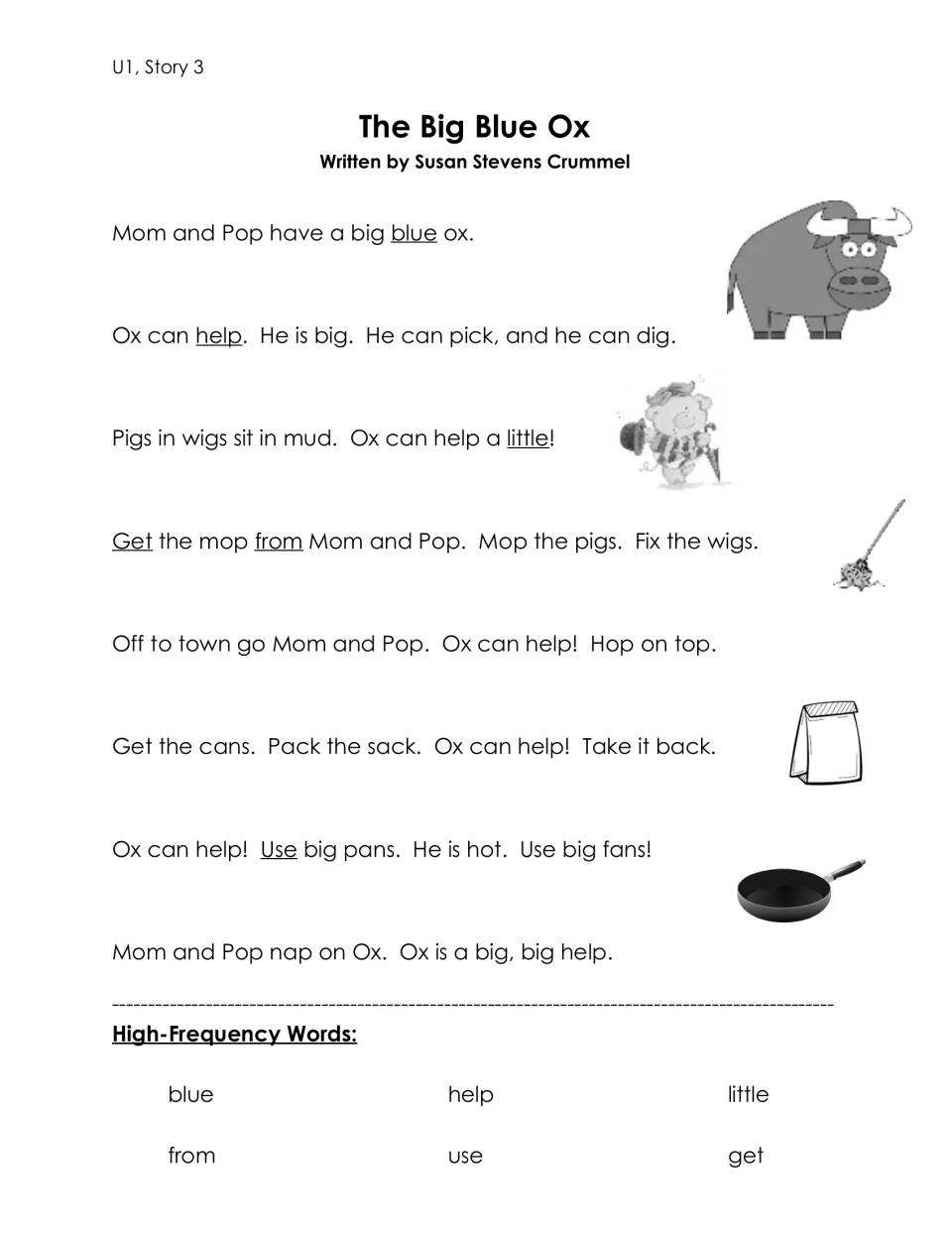 Unit 1 Story 3, The Big Blue Ox: Mom and Pop's helpful ox, with high-frequency words blue, help, little, from, use, get