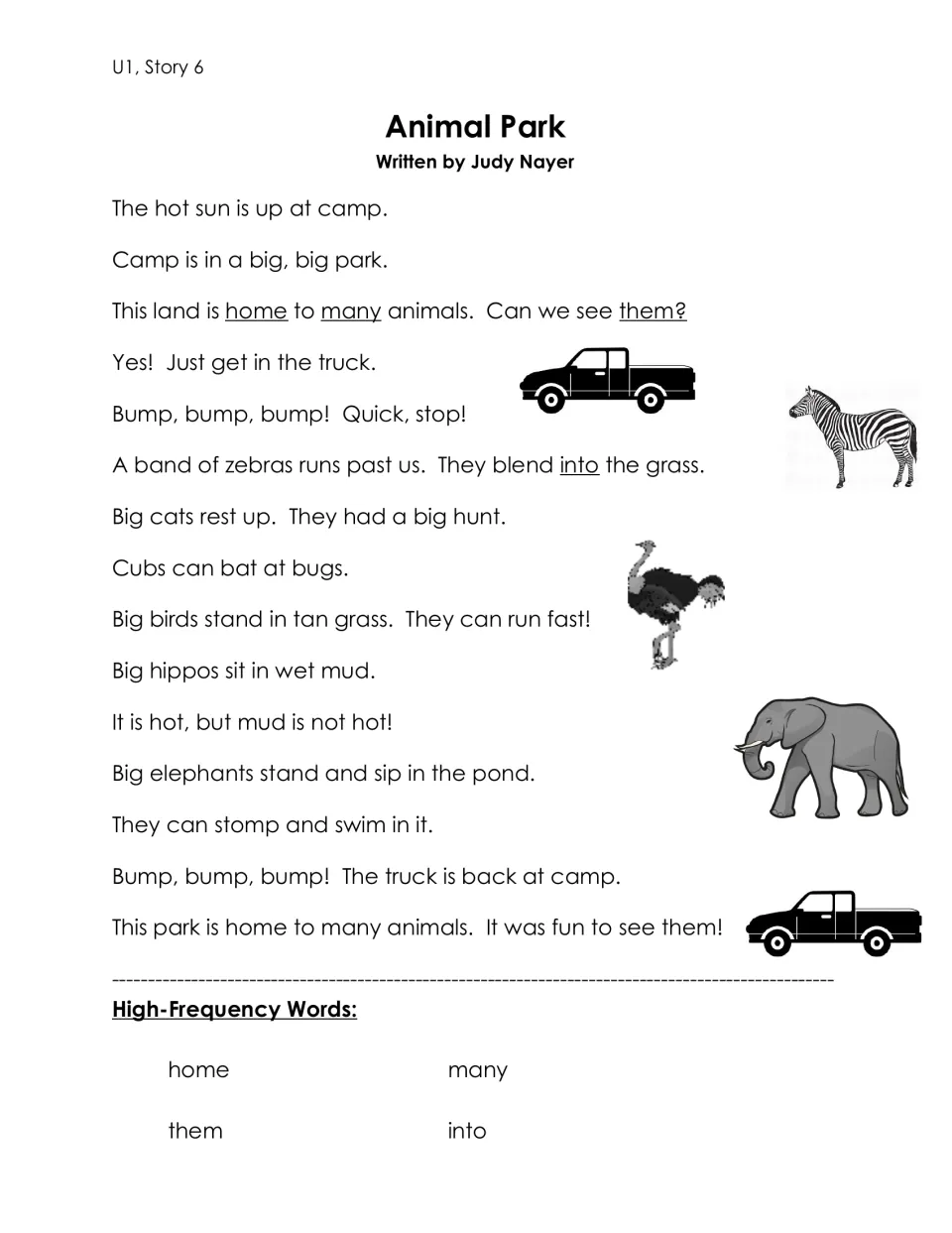Unit 1 Story 6, Animal Park: truck ride to see zebras, hippos and elephants; high-frequency words home, many, them, into