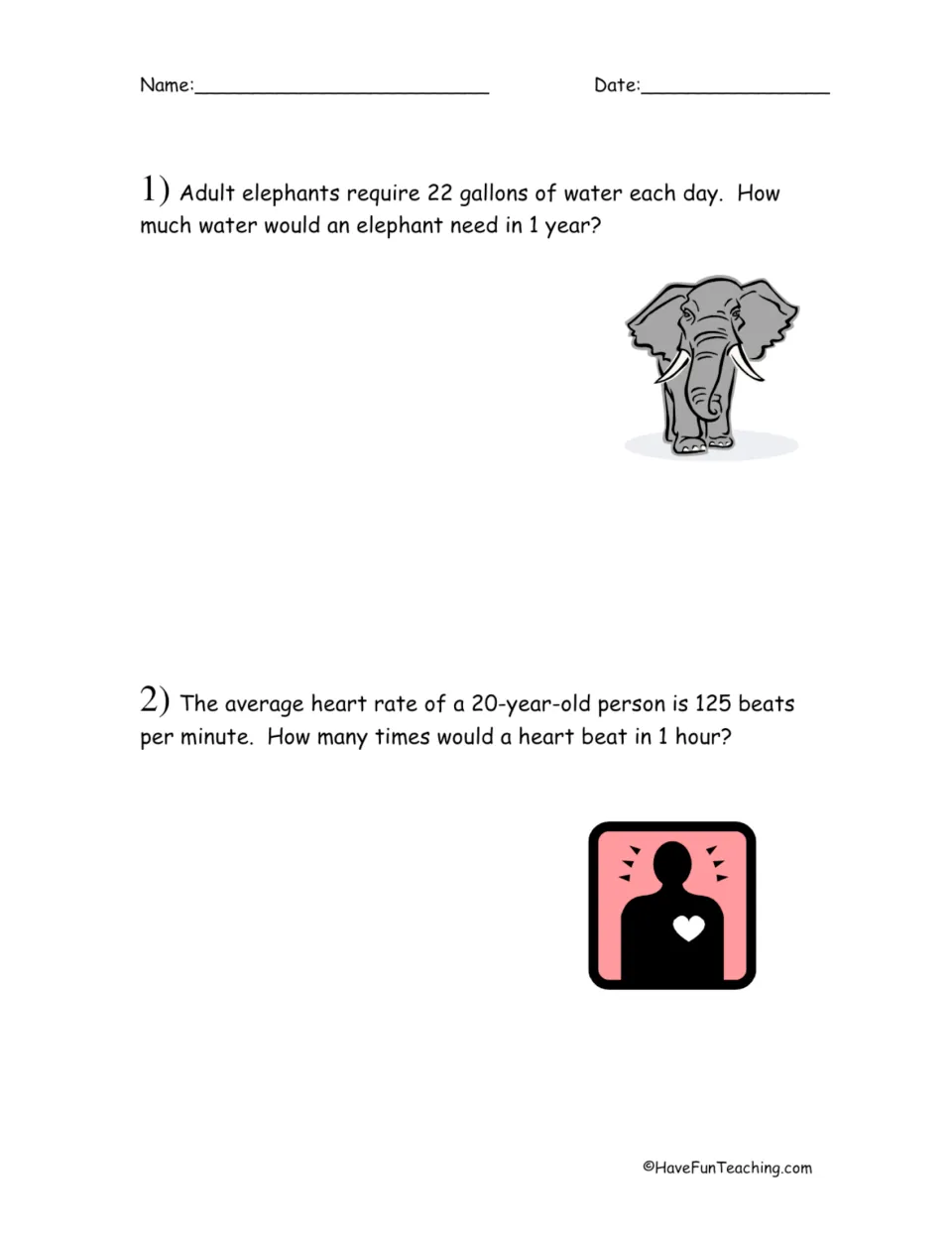 Multiplication word problems: students find an elephant's yearly water at 22 gallons a day and heartbeats per hour at 125 bpm