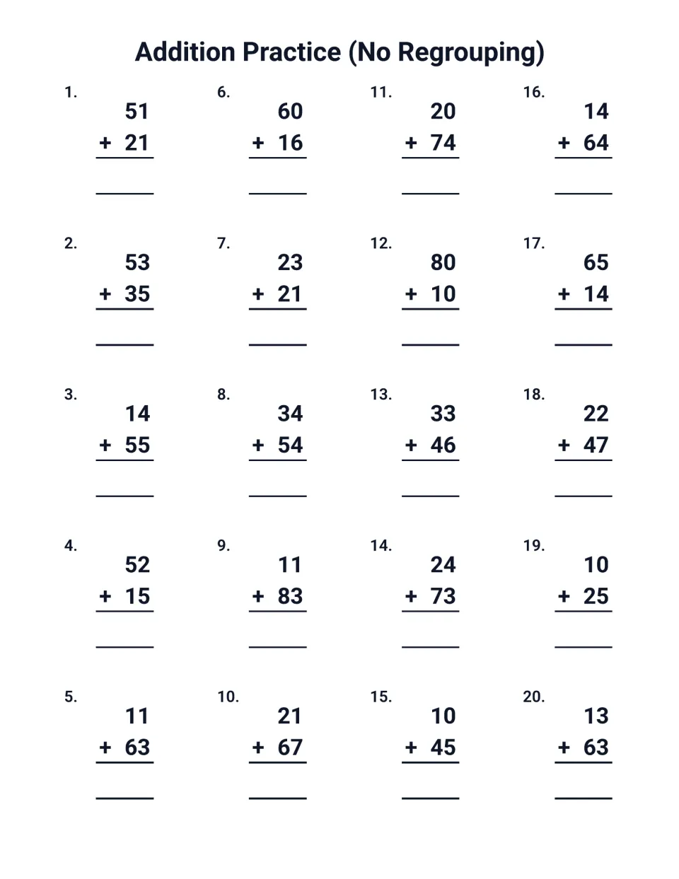 Addition practice, no regrouping: students solve 20 vertical 2-digit problems, beginning 51 + 21, 53 + 35 and 14 + 55