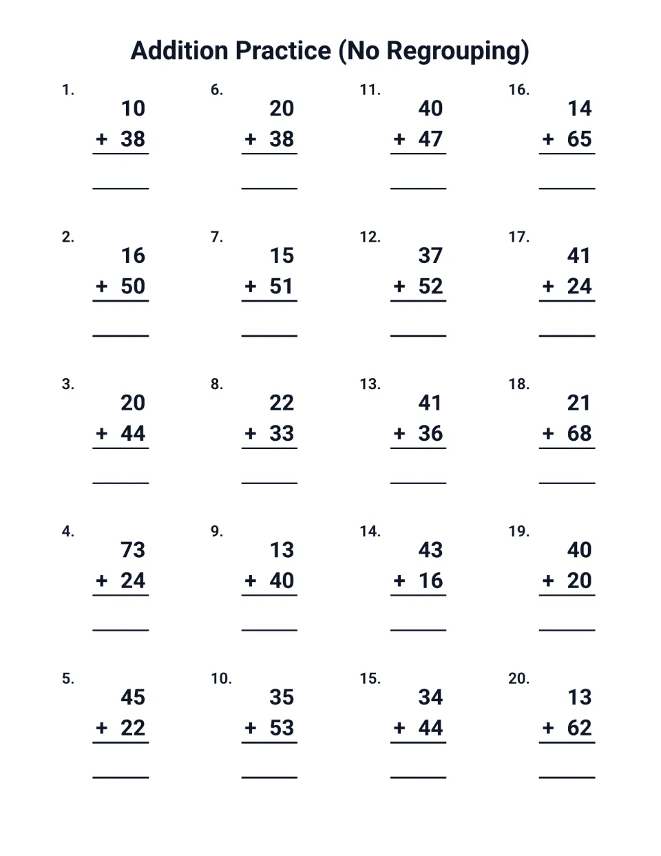 Addition practice, no regrouping: 20 vertical 2-digit sums to solve, starting with 10 + 38, 16 + 50 and 20 + 44