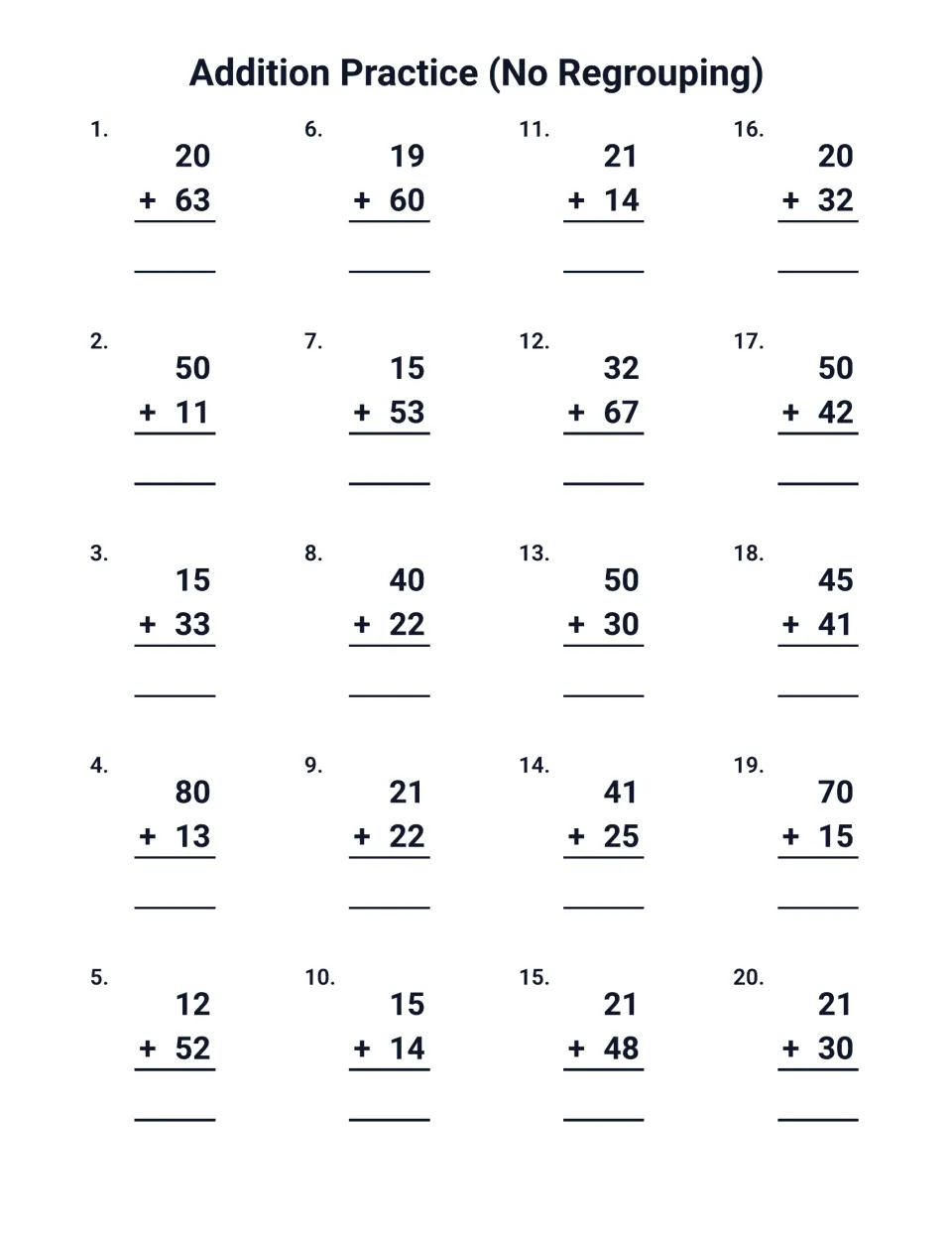 Adding tens and ones without regrouping: students find 20 sums such as 20 + 63, 50 + 11 and 80 + 13 in vertical form