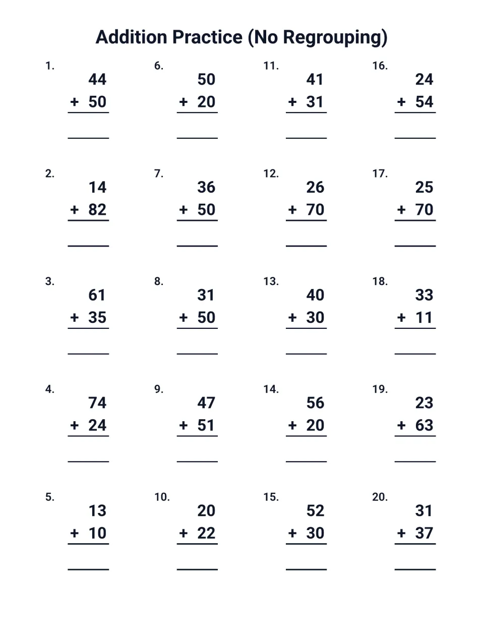 No-regrouping addition drill: 20 vertical 2-digit problems, including 44 + 50, 14 + 82, 61 + 35 and 74 + 24 to solve