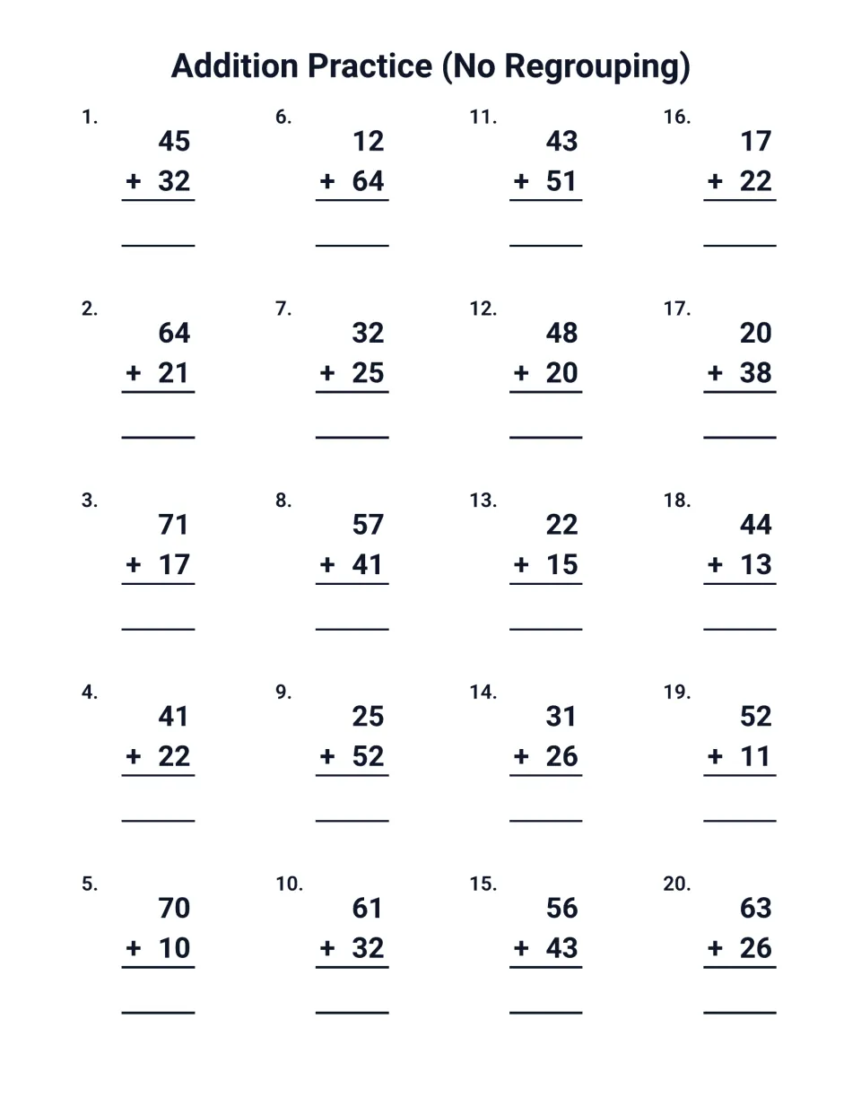Final no-regrouping page: students add 20 vertical pairs of 2-digit numbers, from 45 + 32 and 64 + 21 to 63 + 26
