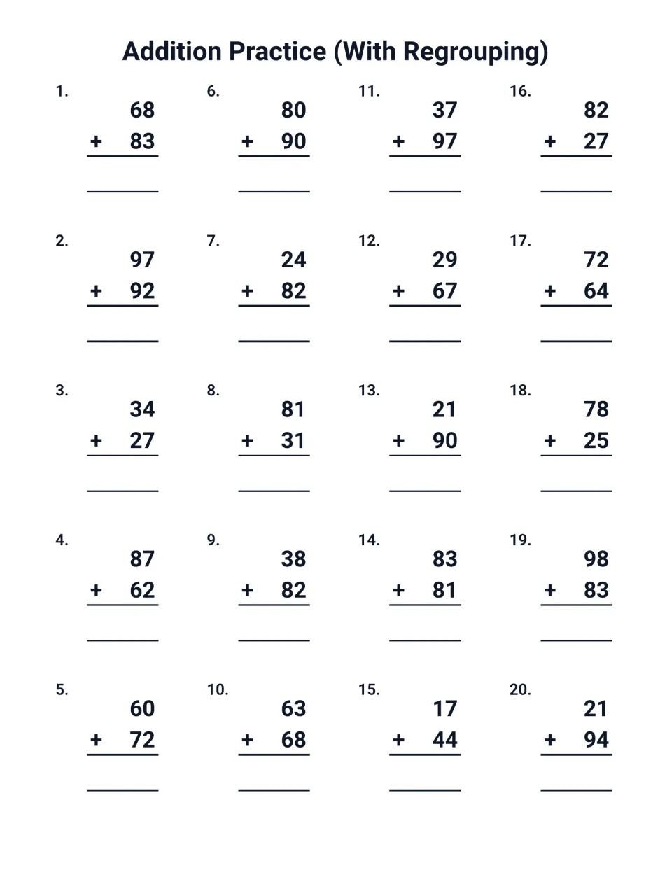 Addition with regrouping: students solve 20 vertical 2-digit problems that carry, such as 68 + 83, 97 + 92 and 34 + 27