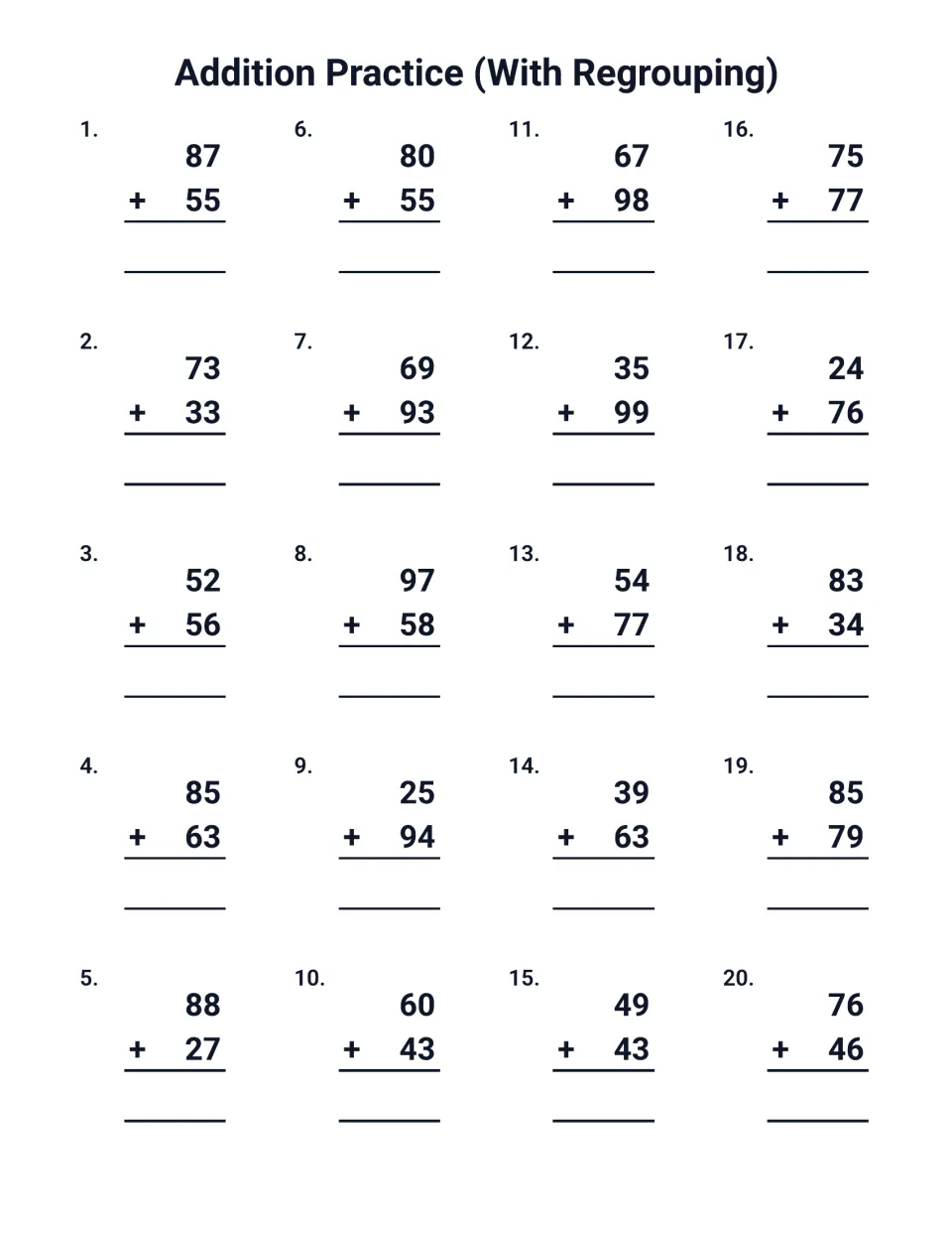 Regrouping addition practice: 20 vertical 2-digit sums to find, starting 87 + 55, 73 + 33 and 52 + 56, many over 100