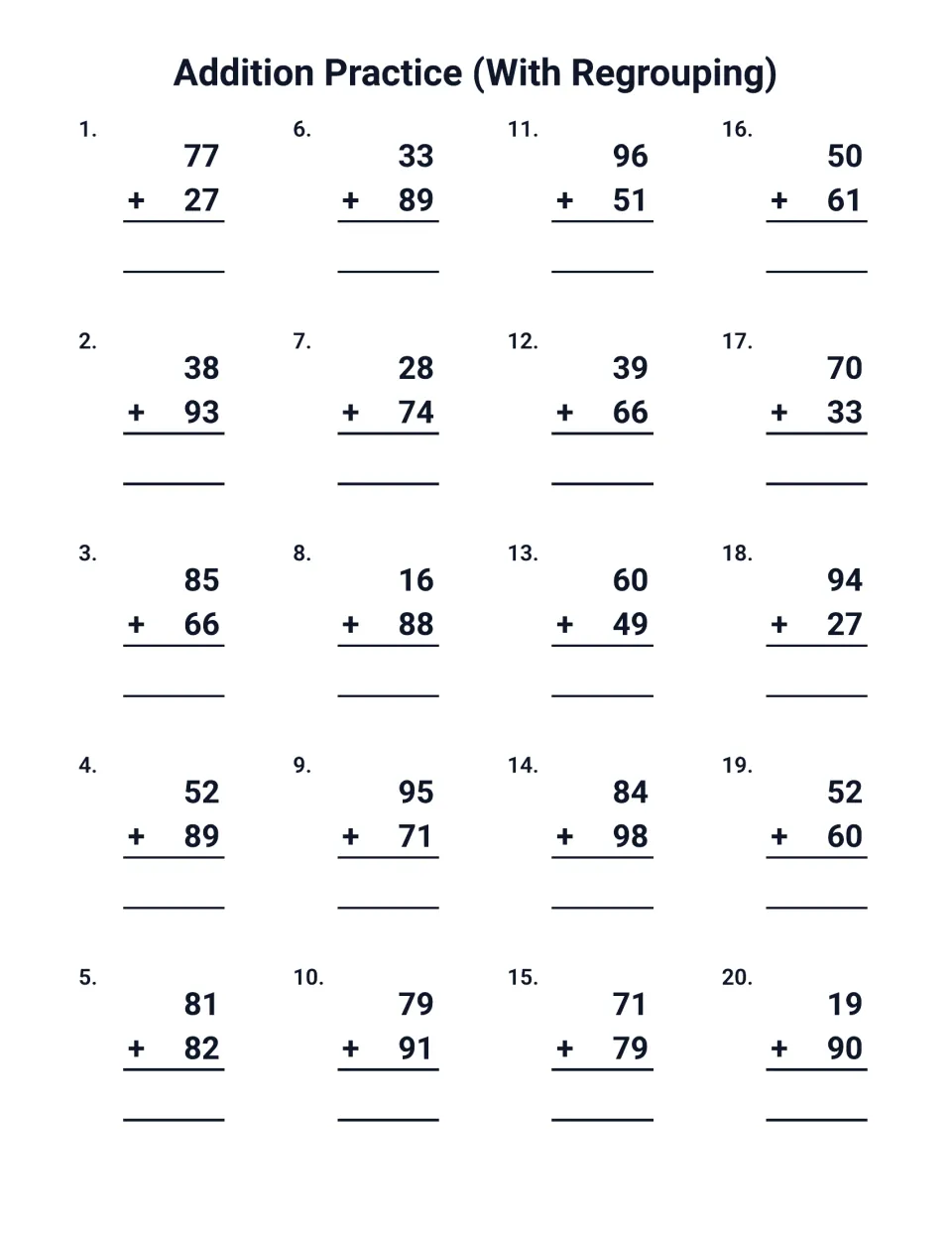 Carrying in 2-digit addition: students work 20 vertical problems including 77 + 27, 38 + 93, 85 + 66 and 52 + 89