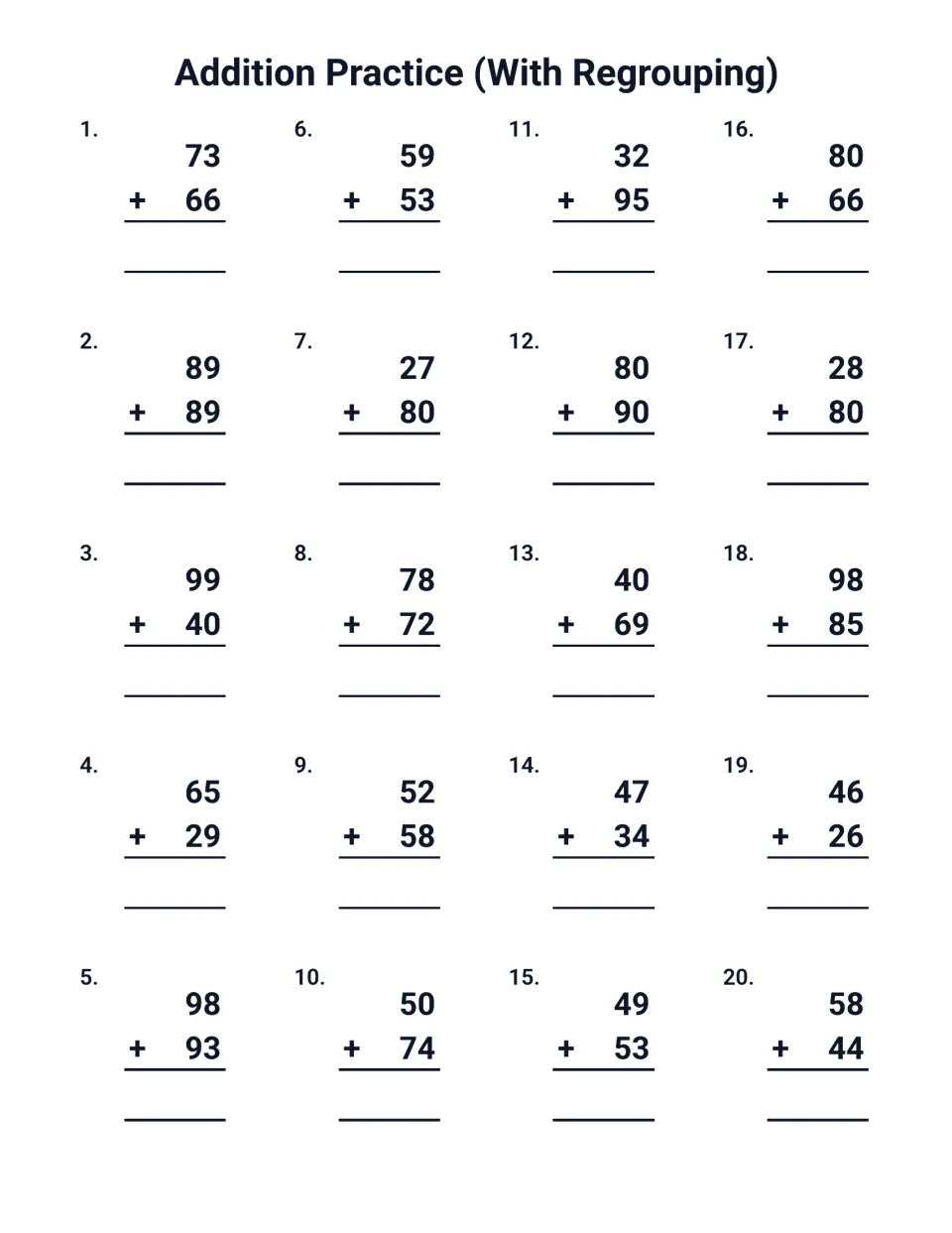 With-regrouping addition set: 20 vertical 2-digit problems to solve, from 73 + 66 and 89 + 89 through 58 + 44