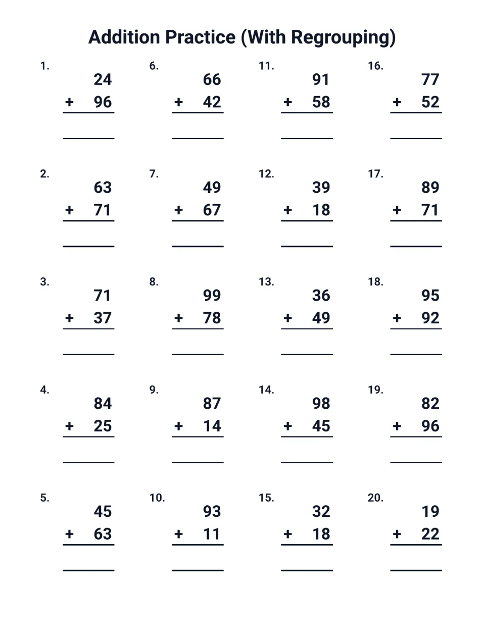 Last regrouping page: students add 20 vertical 2-digit pairs such as 24 + 96, 63 + 71, 99 + 78 and 19 + 22