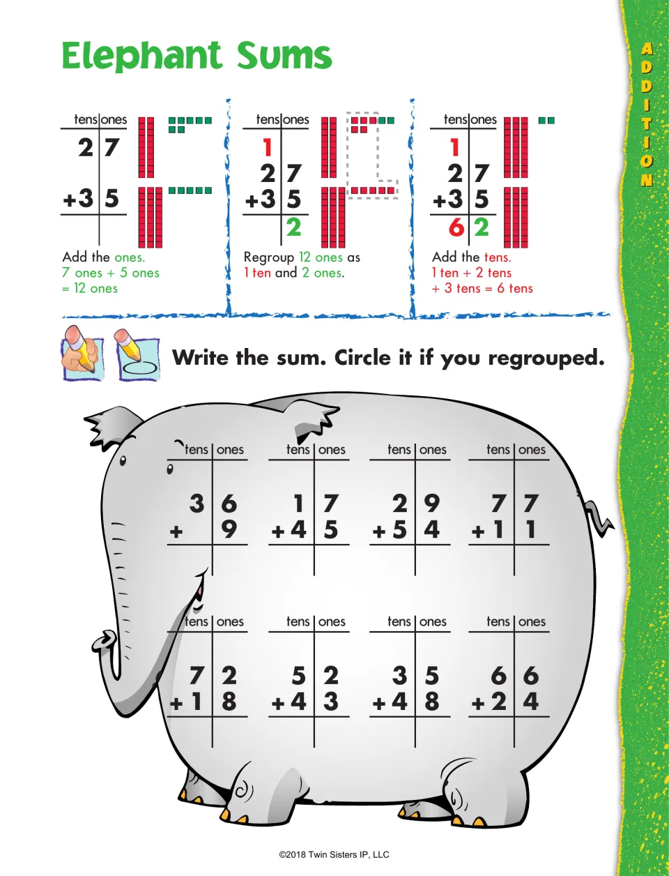 Elephant Sums: 2-digit addition with regrouping, modeled with 27 + 35, then 8 sums to solve and circle if regrouped