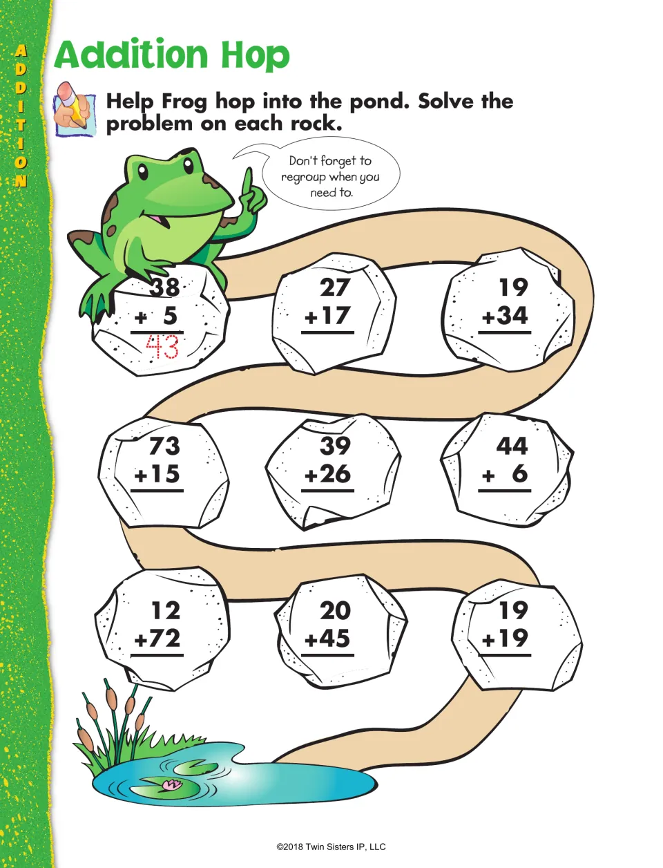 Addition Hop: students solve 2-digit addition problems on 9 rocks to help a frog reach the pond, regrouping as needed