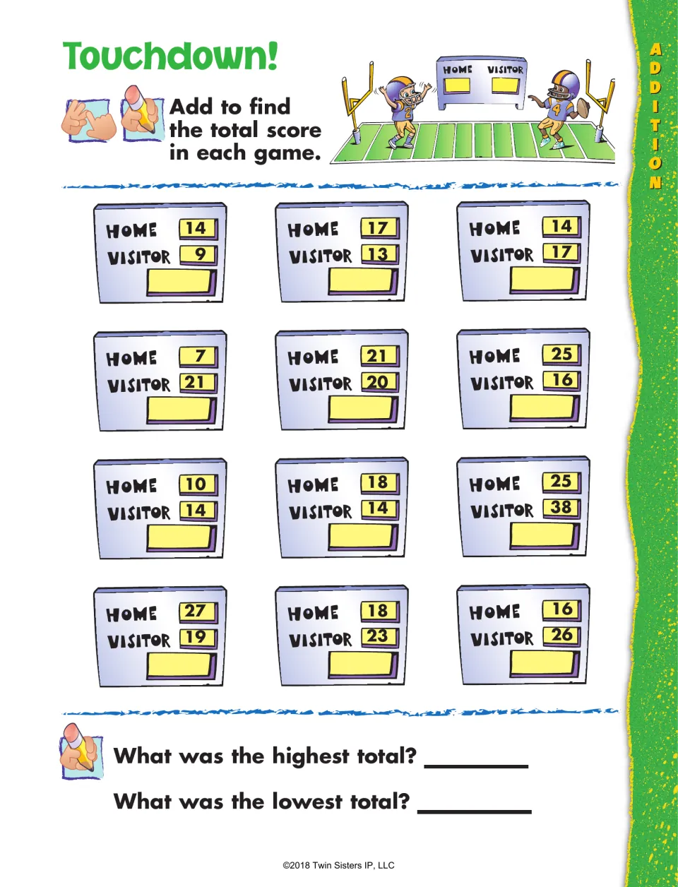 Touchdown!: students add home and visitor football scores on 12 scoreboards, then name the highest and lowest total